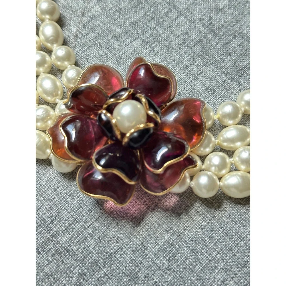 Chanel 05P Vintage Gripoix Camelia Glass Flower Four Strand Pearl Necklace